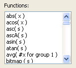 The sample shows the scrollable Functions box in the expression dialog box. 