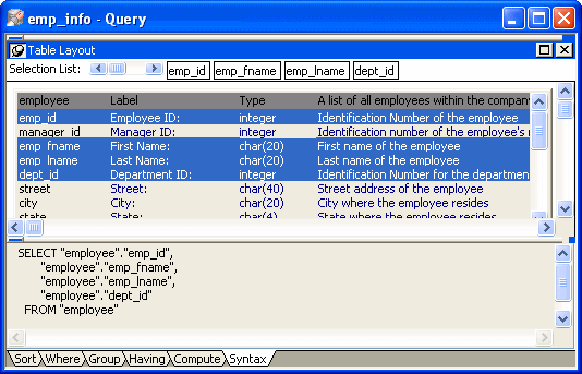 The sample shows the Query painter with Table layout for the employee table at top and the Sort page displayed at bottom. Selected from the employee table drop down list are four columns.The columns have been dragged and dropped into the Sort box in the desired sort order.