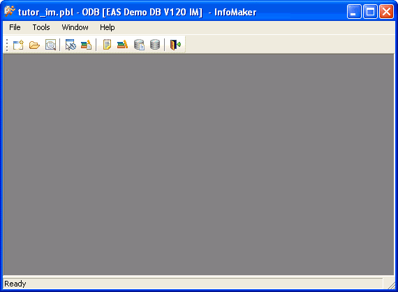 The sample shows the window that displays when Info Maker starts. Across the top is a menu bar showing the items File, Tools, Window, and Help. Below this is the PowerBar with the icons users can click as an alternative to using menus. The icons shown are for performing  tasks such as creating a new object, opening an existing object, changing libraries, or accessing a database.
