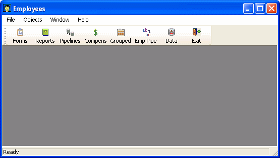 Shown is a sample main window titled Employees with a menu bar at top with the options File, Objects, Window, and Help. Below this is a toolbar with icons labeled Forms, Reports, Pipelines, Total Comp, Salary / Dept, Emp Pipe, Emp Data, and Exit.