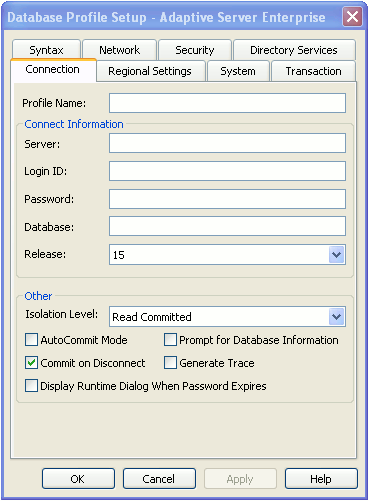 The sample shows the connection page of the Adaptive Server Enterprise dialog box. At top is a box for Profile Name, then a box for Connect Information that groups boxes labeled Server, Login I D, Password, Database, and Release. Release has a drop down list box. At bottom is a box labeled Other that groups a box for Isolation Level , with the entry Read Committed selected from the drop down list, and then check boxes for Auto Commit Mode, Commit on Disconnect, Display Runtime Dialog When Password Expires, Prompt for Database Information, and Generate Trace. Only the Commit on Disconnect check box is selected in the sample.