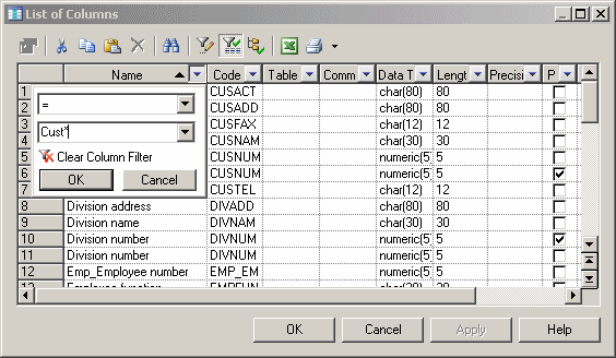 In Column Filter