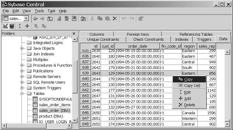 Shown is Sybase Central screen and an example of adding data