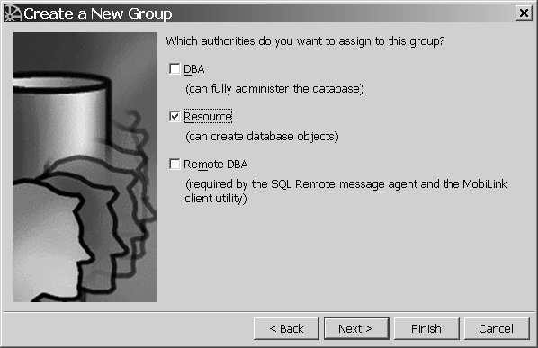 Shown is the New Group window with the resource checkbox selected