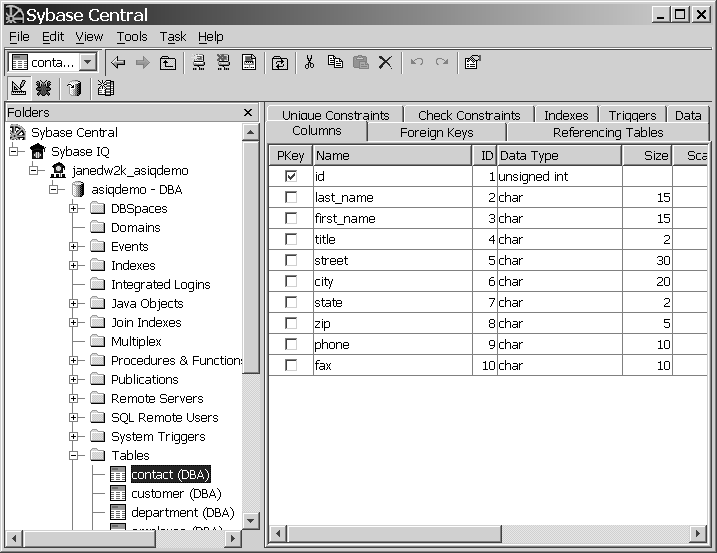 Shown is the Sybase Central window. The left pane shows the Sybase IQ hierarchy and the right pane shows the details of what is highlighted in the left pane