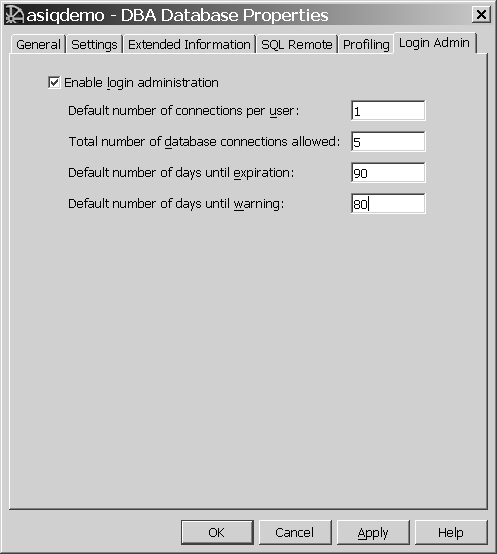 Shown is the D B A database properties window with the login admin tab active