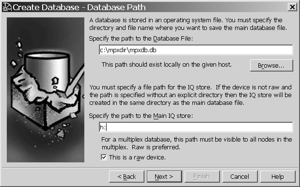 Shown is the database path window with two text boxes to specify path to database file and path to main IQ store and a checkbox for raw device