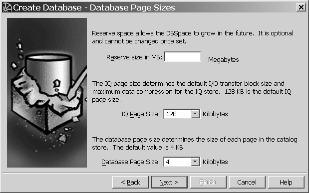 Shown is the database page sizes window with one text boxes for reserve size in megabytes. Also are two drop down lists for IQ page size and database page size