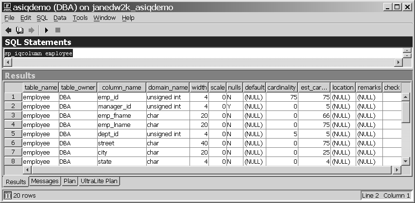 Shown is Sybase Central screen with an example of using the insert statement to add data