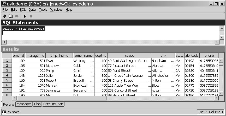 Shown is the Interactive sequel window with two panes. The top pane, sequel statements, contains the text select asterisk from employees; The bottom pane, results, displays the values of each row of columns in the table, sorted by row ID in descending order. Below the results are tabs for Messages and Plan and the row count 75 rows