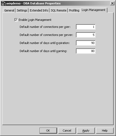 Shown is the D B A database properties window with the login admin tab active